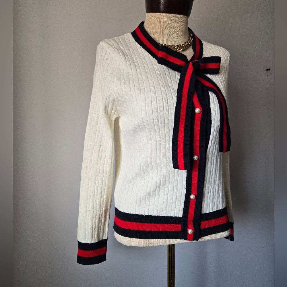 YANA Cream with Navy and Red Nautical Preppy Cardigan Sweater With Bow. Small - Picture 2 of 9